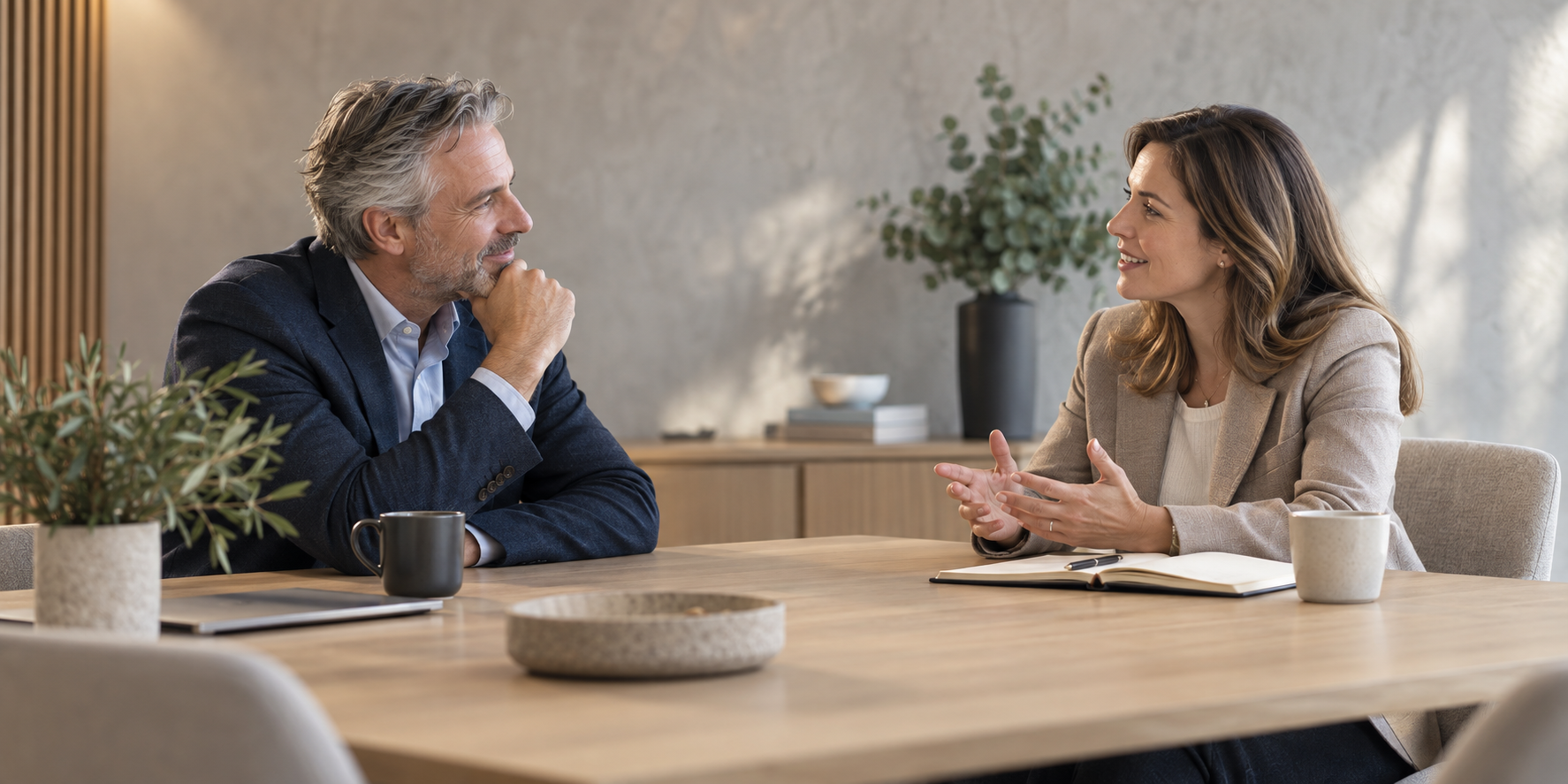 A technology professional and recruiter speaking across a meeting table.