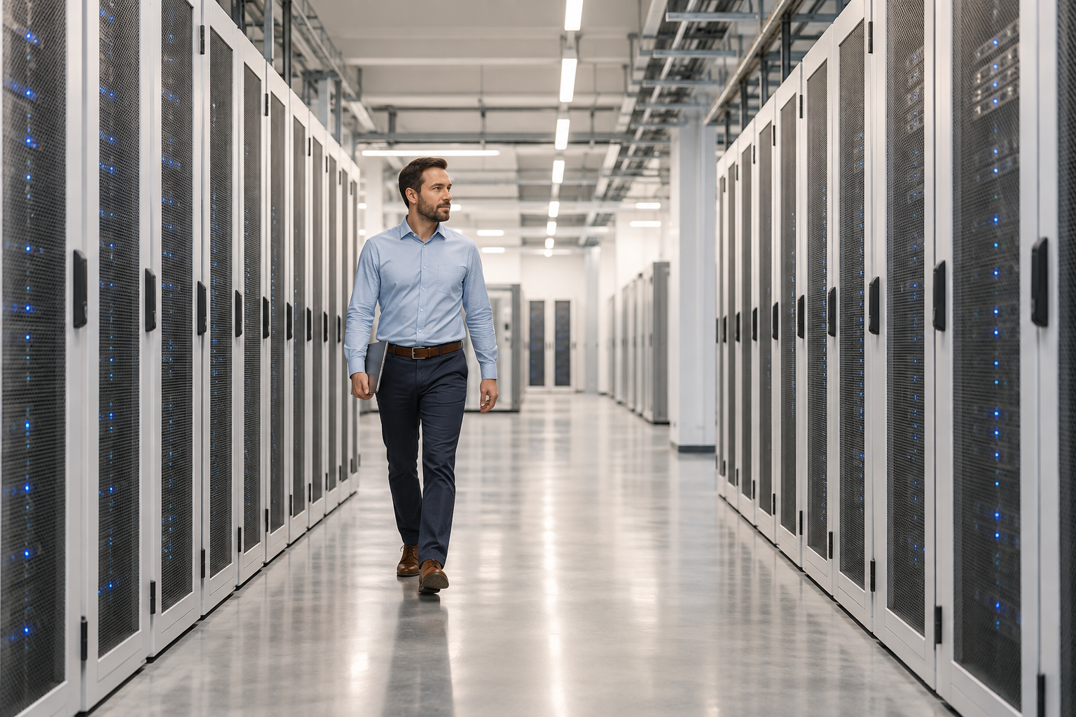 A technology professional walking through a bright modern infrastructure facility.